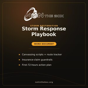 Può includere: Una copertina di documento digitale marrone scuro intitolata Storm Restoration Storm Response Playbook con il logo NOT IN THE BOX. Elenca contenuti tra cui script di canvassing, tracciatore di percorsi e un piano d'azione.