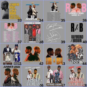 May include: A collection of graphic designs featuring R&B artists Usher, Chris Brown, and others. Designs include tour posters, album art, and stylized portraits. The color palette includes black, white, and various shades of pink and gold.