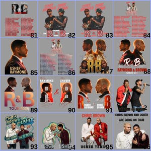 May include: A collection of graphic designs featuring Usher and Chris Brown. The designs include tour posters, portraits, and the text "R&B" and "TOUR". The color palette includes red, black, and white.