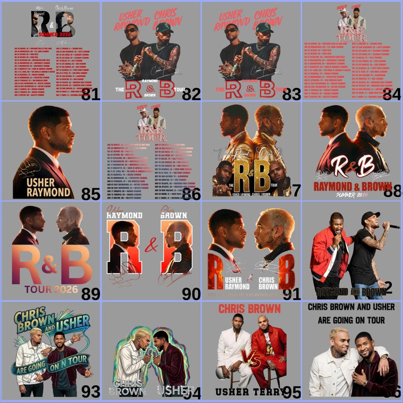 May include: A collection of graphic designs featuring Usher and Chris Brown. The designs include tour posters, portraits, and the text "R&B" and "TOUR". The color palette includes red, black, and white.