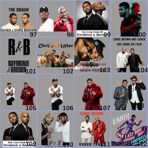 May include: A collage of images featuring Usher and Chris Brown. The images include portraits of the artists, text that reads "R&B Raymond & Brown", and text that reads "Chris Brown and Usher are going on tour."