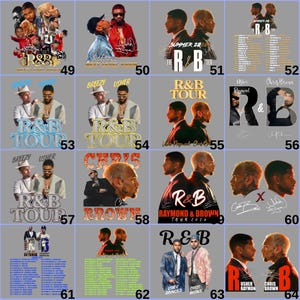 May include: A collection of R&B tour posters featuring Usher, Chris Brown, and other artists. The posters have various designs, including portraits, tour dates, and the words "R&B Tour" in different fonts and colors. The color palette includes black, white, and shades of blue.