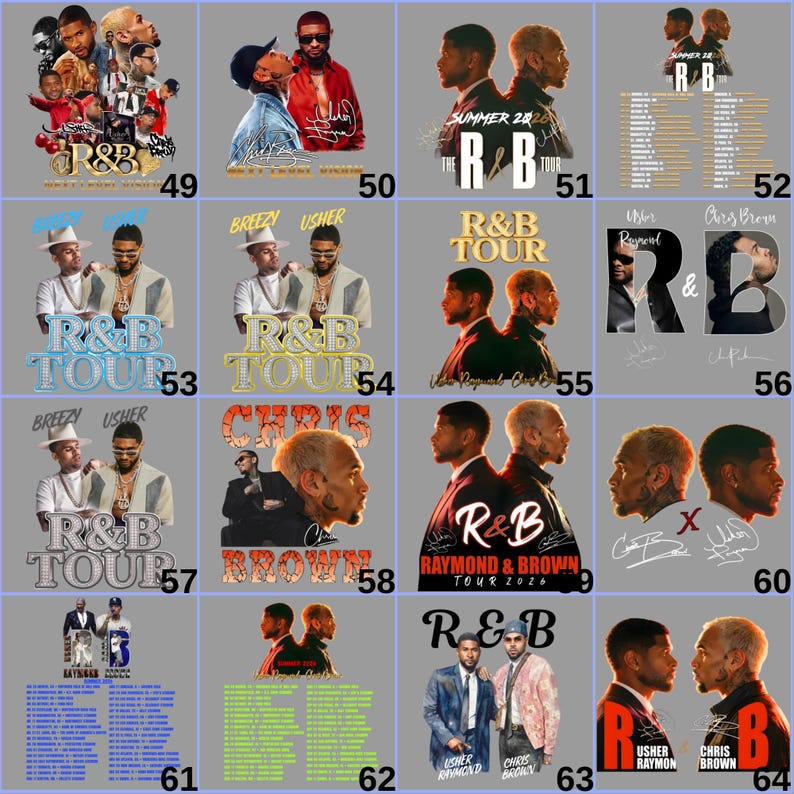 May include: A collection of R&B tour posters featuring Usher, Chris Brown, and other artists. The posters have various designs, including portraits, tour dates, and the words "R&B Tour" in different fonts and colors. The color palette includes black, white, and shades of blue.
