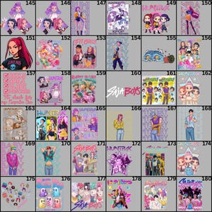 May include: A collection of graphic designs featuring various anime-style characters and text. Designs include the words "LOVE MIS", "HEELS", "NAILS", "BLADE", "MASCARA", "SAJA BOYS", and "HUNTRX". The color palette includes pink, purple, and blue.