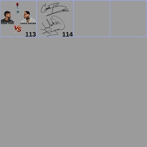 May include: A split image featuring Usher Terry and Chris Brown, with a "VS" graphic. Below, the numbers "113" and "114" are displayed. The image also includes two signatures.