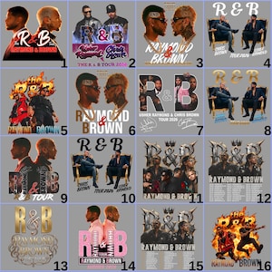 May include: A collage of sixteen R&B tour posters featuring Usher Raymond and Chris Brown. The designs vary, showcasing the artists' images, tour dates, and the R&B logo in different styles and colors, including gold, black, and pink.