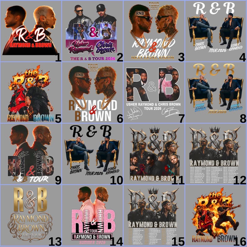 May include: A collage of sixteen R&B tour posters featuring Usher Raymond and Chris Brown. The designs vary, showcasing the artists' images, tour dates, and the R&B logo in different styles and colors, including gold, black, and pink.