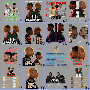 May include: A grid of promotional posters featuring R&B artists Usher, Chris Brown, and Raymond. The posters have various designs, including profile shots of the artists and tour branding. The color palette includes black, white, and shades of brown.