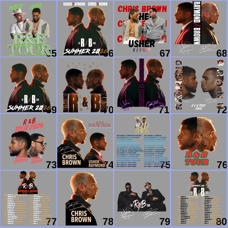 May include: A grid of promotional posters featuring R&B artists Usher, Chris Brown, and Raymond. The posters have various designs, including profile shots of the artists and tour branding. The color palette includes black, white, and shades of brown.