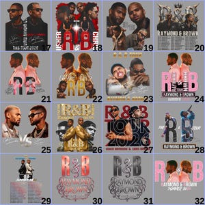 May include: A collection of R&B tour merchandise featuring Usher Raymond and Chris Brown. The designs include tour dates, artist portraits, and the stylized text "R&B TOUR" in various colors and fonts. The images are on a light blue background.