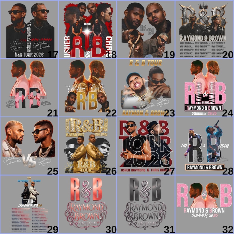 May include: A collection of R&B tour merchandise featuring Usher Raymond and Chris Brown. The designs include tour dates, artist portraits, and the stylized text "R&B TOUR" in various colors and fonts. The images are on a light blue background.