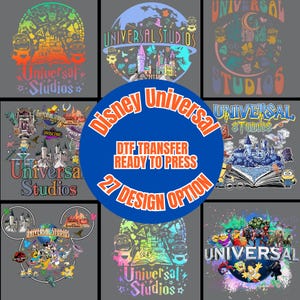 May include: A collection of DTF (Direct to Film) transfer designs featuring Universal Studios and Disney characters. The designs include various logos, characters, and attractions, with the text "DTF TRANSFER READY TO PRESS" and "27 DESIGN OPTION".