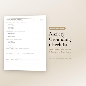 Könnte beinhalten: Ein digitaler Download mit dem Titel "Anxiety Grounding Checklist". Die Checkliste enthält Abschnitte für Erdungstechniken, Boxatmung und einen Körperscan. Der Text "Panic Doesn't Wait For You To Remember Techniques" ist ebenfalls sichtbar.