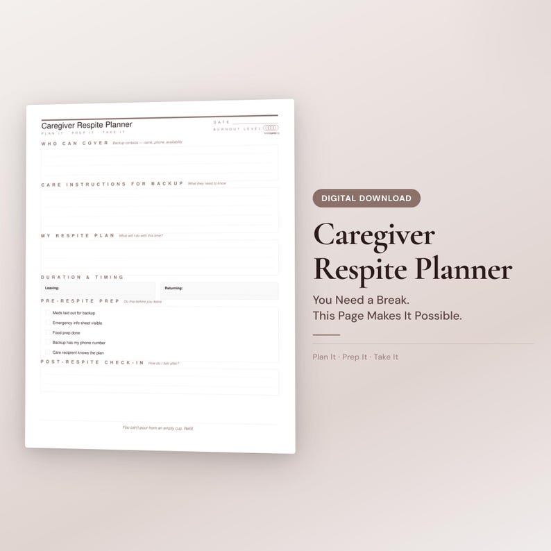 Respite Timesheet Caregiver Respite Planner Printable | Backup Prep, Self-care Schedule ...