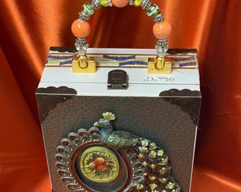 Upcycled Perla del Mar Wooden Cigar Box Purse with Peacock Rhinestone Handle