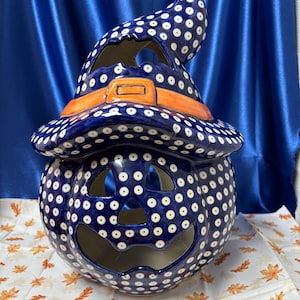 Large 14” Vena Polish Pottery Jack O Lantern by Iwona Kulik, Signed Boleslawiec Ceramic Witch Hat Pumpkin Luminary, Blue Polka Dot Fall Deco