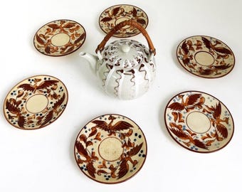 Vintage Japanese Moriage Dragonware Porcelain Tea Set with Tea Pot and Saucers.