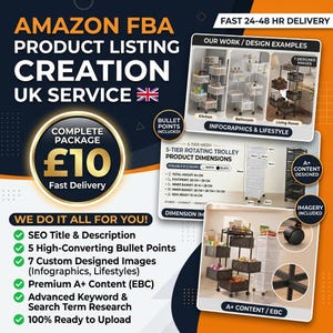 Könnte beinhalten: Eine digitale Werbegrafik für Amazon FBA Produktlisting-Erstellungsdienste. Das Bild enthält Text wie Amazon FBA Product Listing Creation UK Service, einen drehbaren 5-Etagen-Rollwagen mit Maßangaben sowie verschiedene Infografik-Beispiele.