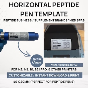 Puede incluir: Una plantilla horizontal para pluma de péptidos de uso comercial, con una pluma multidosis azul y una etiqueta de 40 x 20 mm. La etiqueta muestra BPC-157 10MG/ML, tablas de dosificación y el texto Research Use Only. Incluye icono de Canva.