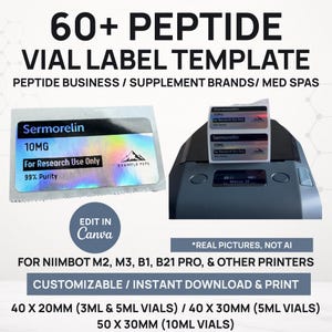 Puede incluir: Una plantilla digital para más de 60 etiquetas de viales de péptidos con texto holográfico y logotipos de montaña. Las etiquetas muestran Sermorelin, 10MG, For Research Use Only y 99% Purity. Compatible con impresoras Niimbot M2, M3, B1, B21 Pro.