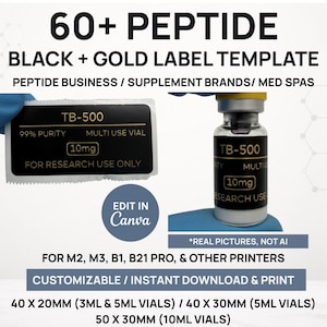 Puede incluir: Un conjunto de plantillas digitales para etiquetas de viales de péptidos con texto en negro y dorado. El diseño incluye el texto TB-500, 99% PURITY, 10mg y FOR RESEARCH USE ONLY. La plantilla es compatible con impresoras M2, M3, B1 y B21 PRO.