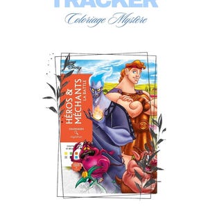 Può includere: Un libro da colorare Disney "Eroi & Cattivi La Battaglia". La copertina presenta illustrazioni di Ercole, Ade e altri personaggi. Il titolo "TRACKER Coloriage Mystère" è visualizzato in testo azzurro in alto.