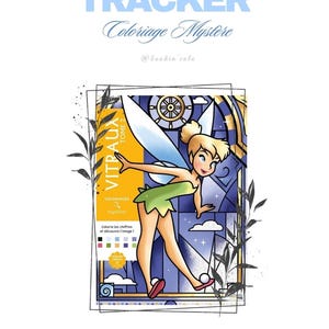 May include: A book cover with the title "TRACKER" and "Coloriage Mystère" in light blue. The cover features a cartoon fairy with blonde hair, a green dress, and wings. The book is titled "VITRAUX TOME 2" and includes the text "Colorie les chiffres et découvre l'image!"
