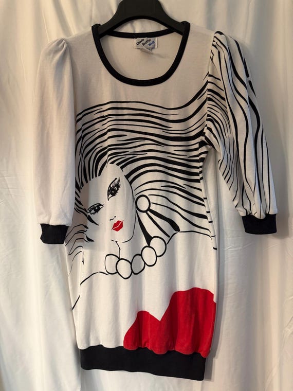 Vintage Clovis Ruffin Knit Dress – Graphic Pop Art Face Print, 80s/90s Wearable Art
