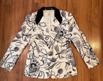 Vintage Escada Margaretha Ley Tennis Print Blazer Jacket Size 42 Black White Gold Buttons