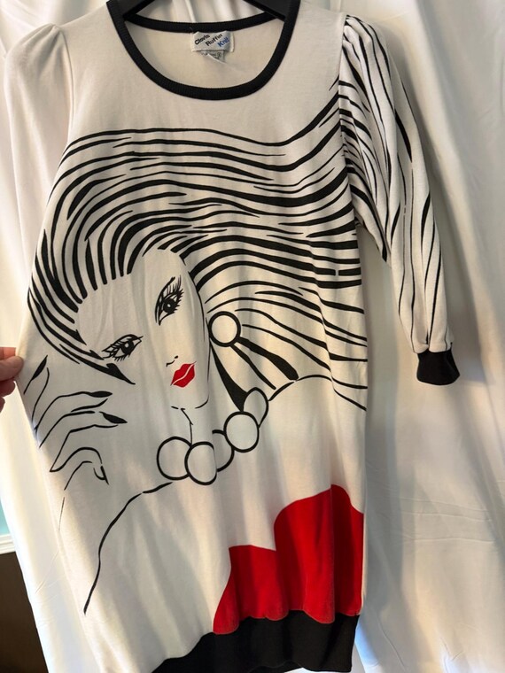 Vintage Clovis Ruffin Knit Dress – Graphic Pop Art Face Print, 80s/90s Wearable Art View 2