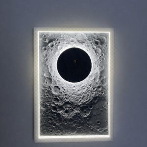 Peut inclure: Une applique murale rectangulaire présentant une surface lunaire texturée et cratérisée dans des tons de gris et de blanc. Un disque noir uni est placé au centre supérieur, entouré d'un cadre lumineux à bordure LED blanche.