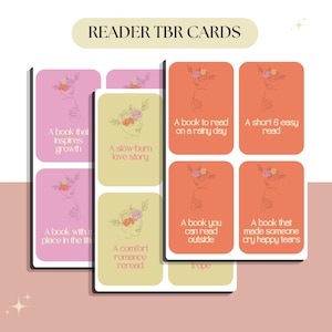 Puede incluir: Un conjunto de tarjetas rectangulares Reader TBR en rosa, verde oliva y naranja. Cada tarjeta presenta una ilustración de línea de una persona con flores en la cabeza y textos como A book that inspires growth, A slow-burn love story y A book to read on a rainy day.