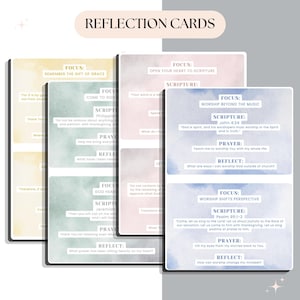 May include: A set of rectangular reflection cards featuring watercolor backgrounds in yellow, green, pink, and blue. Each card includes the headings Focus, Scripture, Prayer, and Reflect with printed text. The top header reads Reflection Cards.