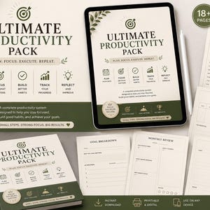 Peut inclure: Image d'un pack de productivité intitulé "ULTIMATE PRODUCTIVITY PACK". Il comprend une tablette, un livre et des pages de planificateur imprimées. Le pack est conçu pour aider les utilisateurs à planifier, se concentrer, exécuter et répéter. Le schéma de couleurs est blanc et vert.