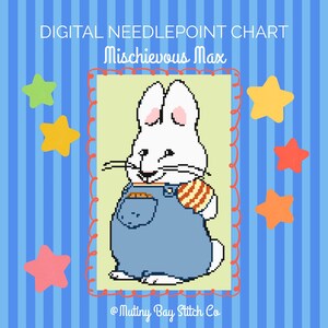 Könnte beinhalten: Eine digitale Stickvorlage mit dem Titel Mischievous Max, die einen weißen Hasen in einer blauen Latzhose mit gestreiftem Ärmel zeigt, vor einem hellgrünen Hintergrund mit rotem Wellenrand, umgeben von bunten Sternen auf blau gestreiftem Grund.