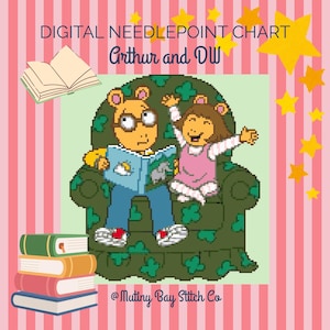 Op de afbeelding: Een digitaal naaldpuntpatroon getiteld Arthur and DW met een gepixelde illustratie van twee personages in een groene fauteuil met patroon. Het ontwerp bevat een stapel boeken, gele sterren en de tekst Mutiny Bay Stitch Co.