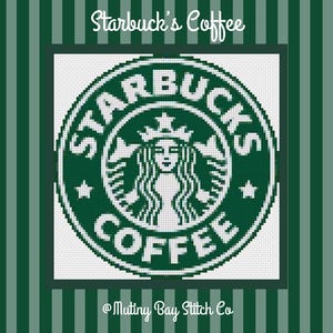 May include: Digital needlepoint chart featuring the Starbucks Coffee logo in a pixelated design. The logo is green and white, set against a green and white striped background. Text includes "Starbucks Coffee" and "@Mutiny Bay Stitch Co."