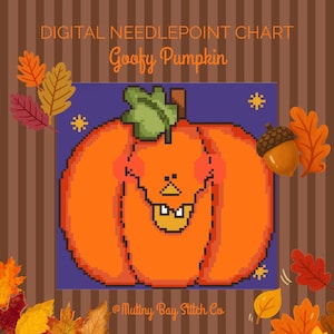 Peut inclure: Un diagramme de point de canevas numérique intitulé Goofy Pumpkin représentant une citrouille orange en pixel art avec une feuille verte, un petit nez et deux dents sur fond violet. Le motif est entouré de feuilles d'automne et d'un gland.