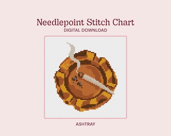 May include: A needlepoint stitch chart digital download featuring a pixelated graphic of a round brown ashtray with a lit cigarette resting on the edge, with smoke rising, and the text Needlepoint Stitch Chart, DIGITAL DOWNLOAD, ASHTRAY.