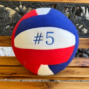 May include: A soft volleyball in red, white, and blue. The ball features a white panel with the embroidered number "#5" in blue. The ball is resting on a wooden bench with decorative carvings.