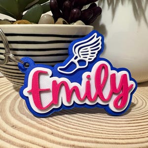 May include: A blue, white, and pink keychain with the name "Emily" in a cursive font. A white wing design is above the name. The keychain is attached to a silver metal ring.
