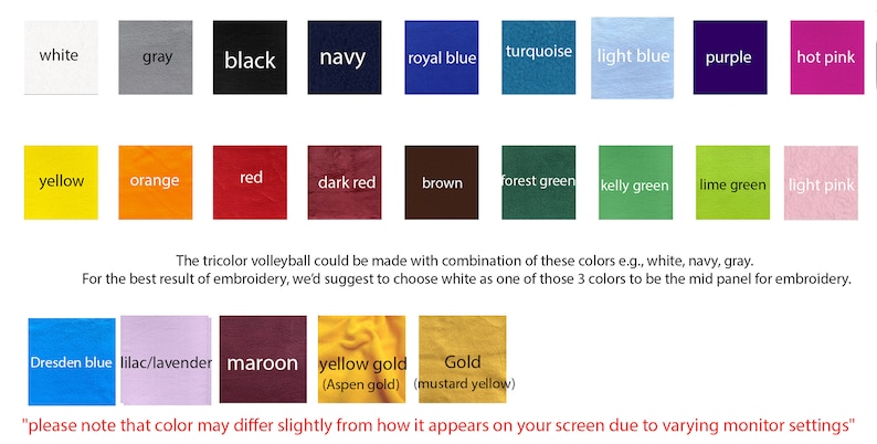 May include: A colour palette grid displaying shades such as white, grey, black, and navy. Other colours include yellow, orange, red, and green. Text advises that colour appearance may vary depending on the screen settings.