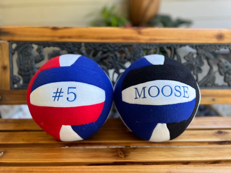 May include: Two decorative volleyballs, one red, white, and blue with the number "5" embroidered in blue, and the other black, white, and blue with the word "MOOSE" embroidered in blue. The volleyballs are resting on a wooden bench.