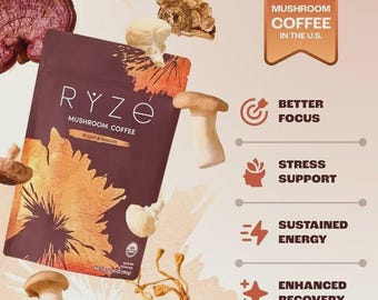 RYZE Mushroom Coffee – USDA Organic Medium Roast, Adaptogenic Blend for Focus, Digestion, Immunity