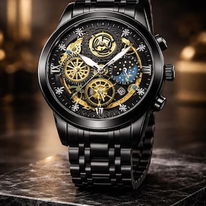 Peut inclure: Une montre-bracelet noire avec un design détaillé à cadran ouvert mettant en valeur des engrenages dorés et des mécanismes complexes. La montre est dotée d'un bracelet noir et d'un boîtier noir, avec des chiffres romains et un petit affichage de la date. La montre est présentée sur une surface en marbre foncé.