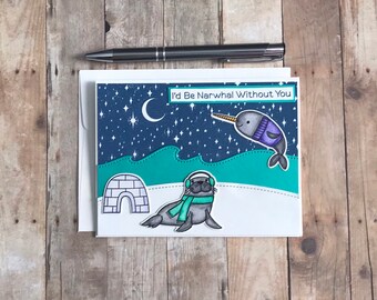 Narwhal Card, Seal Card, Love Cards for Friend, Valentine's Love Card, Valentine's Card, Valentines Day Gifts, Valentine's Gift for Him