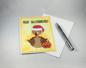 Merry Hallothanksmas Card / Funny Holidays Card / Halloween Pumpkin Thanksgiving Turkey Christmas Santa Hat