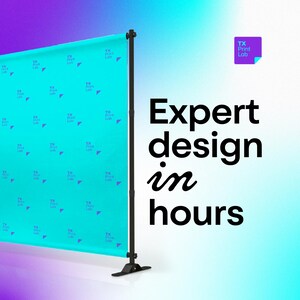 May include: A teal backdrop with a repeating pattern of blue logos is supported by a black stand. The text "Expert design in hours" is displayed in large black font. A small logo is in the upper right corner.