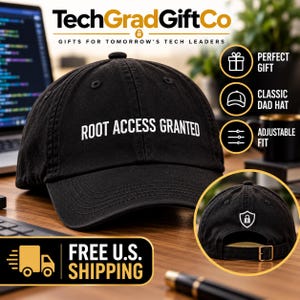 May include: A black baseball cap featuring the white embroidered text ROOT ACCESS GRANTED on the front. The back of the cap includes an adjustable metal buckle strap and a small white embroidered shield icon with a padlock symbol in the centre.