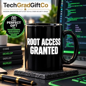 May include: A black ceramic mug featuring the white text ROOT ACCESS GRANTED printed on the front. The mug has a standard handle and sits on a square textured coaster. The design is intended for individuals in the technology and programming fields.
